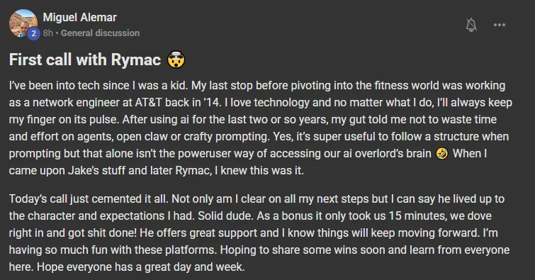 Miguel Alemar, a former AT&T network engineer, on his first call with RyMac about the ICM folder system: clear on all my next steps, he lived up to the character and expectations I had, solid dude