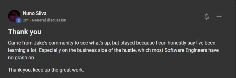 Nuno Silva, a software engineer, on the ICM folder system in the Build Market Close Skool community: came from Jake's community and stayed for the business side of the hustle