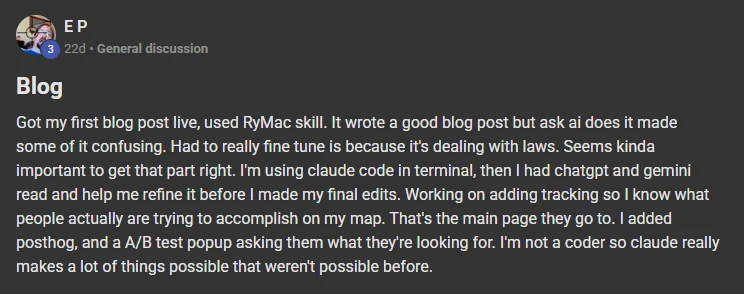E P posting on the Build Market Close Skool titled Blog: Got my first blog post live, used RyMac skill. It wrote a good blog post but ask ai does it made some of it confusing. Had to really fine tune is because it's dealing with laws. Seems kinda important to get that part right. I'm using claude code in terminal, then I had chatgpt and gemini read and help me refine it before I made my final edits. Working on adding tracking so I know what people actually are trying to ac