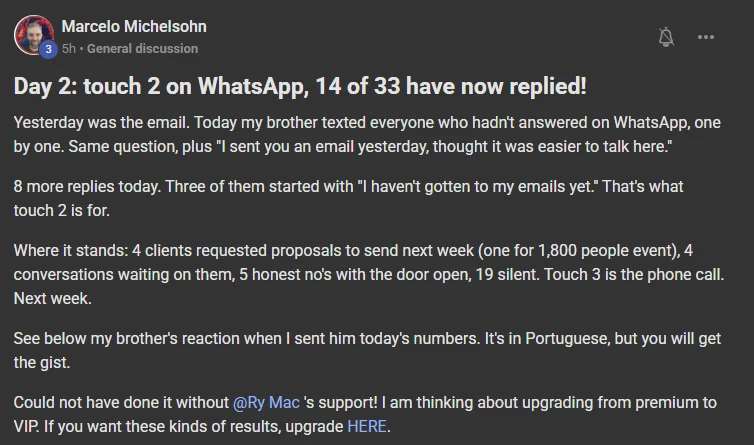 Marcelo Michelsohn, a post on the Build Market Close Skool, a paying premium member: Day 2, touch 2 on WhatsApp, 14 of 33 have now replied. Yesterday was the email. Today my brother texted everyone who hadn't answered on WhatsApp, one by one. 8 more replies today. Where it stands: 4 clients requested proposals to send next week, one for an 1,800 people event, 4 conversations waiting on them, 5 honest no's with the door open, 19 silent. Touch 3 is the phone call. Could not have done it without Ry Mac's support! I am thinking about upgrading from premium to VIP.